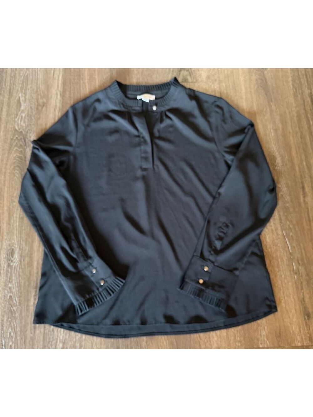 Calvin Klein Black Long Sleeve Work Blouse Pleated Trim Career Top